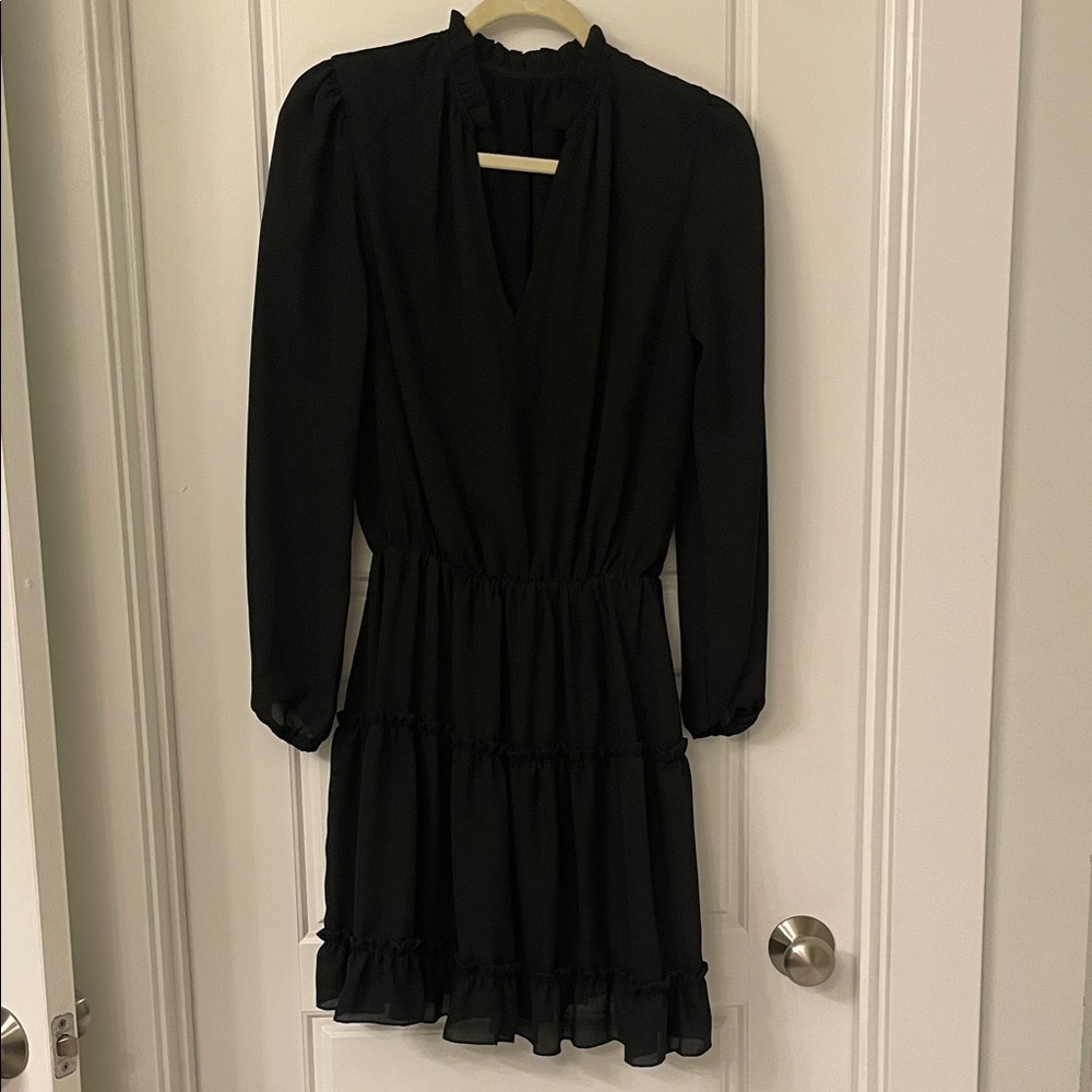 Black Long-Sleeve Tiered V-Neck Dress
